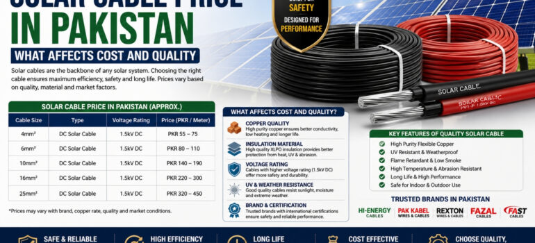 Solar cable price comparison in Pakistan showing photovoltaic cables, copper conductor quality, insulation strength, and solar panel wiring installation