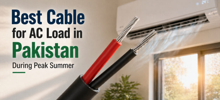 AC load power cable selection in Pakistan showing copper XLPE insulated wires, air conditioner wiring setup, and high current electrical installation during peak summer