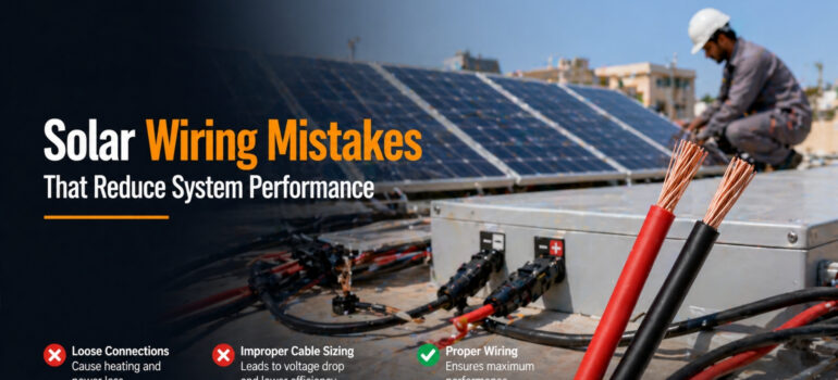 Common solar wiring mistakes such as loose connections, undersized cables, and poor insulation reducing system performance