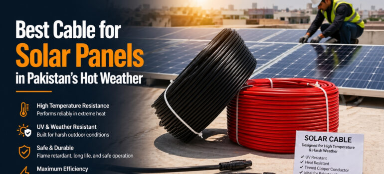High-temperature resistant solar cables with XLPE insulation and pure copper conductors installed on rooftop solar panels in Pakistan