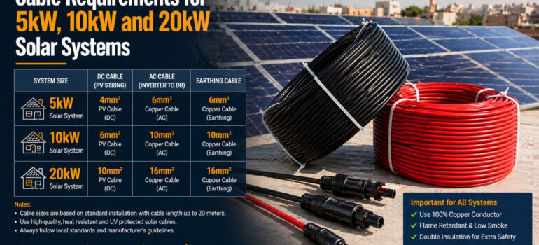 Different size solar power systems (5kW, 10kW, 20kW) showing DC and AC cable sizing for safe energy transmission in rooftop installations