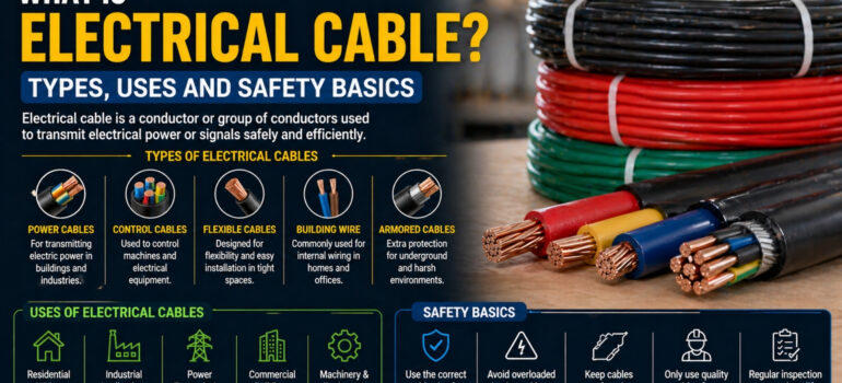 Electrical cable with copper conductors and insulation layers showing different types used in residential, commercial, and industrial wiring