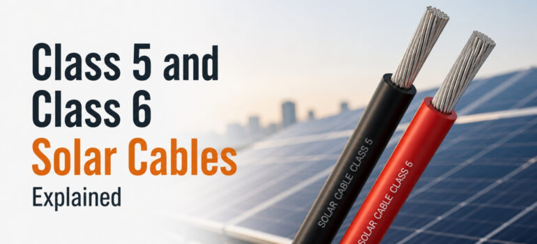 Comparison of Class 5 and Class 6 solar cables showing flexible copper strands used in solar PV systems for durability and efficient power transmission