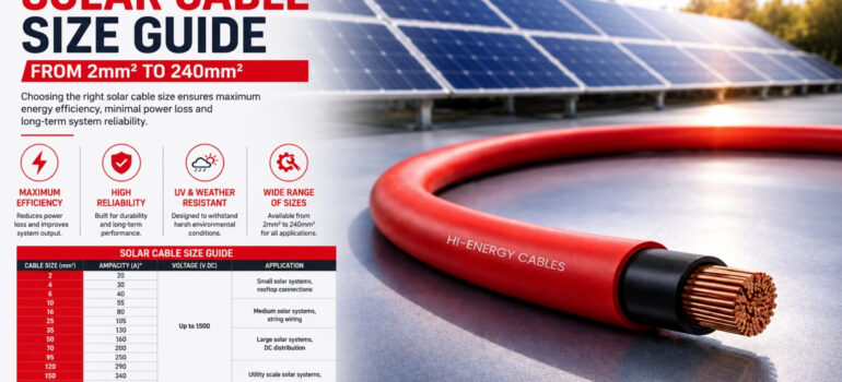 Red solar cable with exposed copper conductor placed in front of rooftop solar panels showing solar cable size guide from 2mm² to 240mm²
