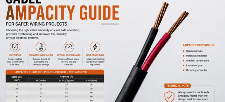 Cable ampacity guide showing copper conductor cable and ampacity chart for safe electrical wiring and current carrying capacity