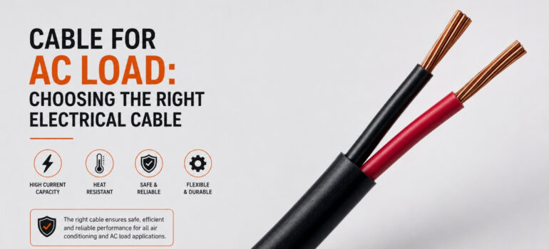 "Cable for AC Load: Choosing the Right Electrical Cable," featuring a close-up image of a two-core electrical cable and highlighting key features like high current capacity, heat resistance, safety, and durability for air conditioning applications.