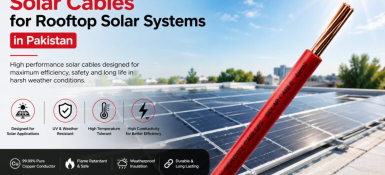 Solar cable for rooftop solar systems in Pakistan with pure copper conductor and weather resistant insulation installed near solar panels
