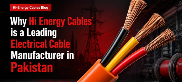 Three insulated electrical copper cables in black, yellow, and red with an orange outer casing, set against a background featuring an electrical transmission tower and cable reels, representing Hi-Energy Cables in Pakistan.