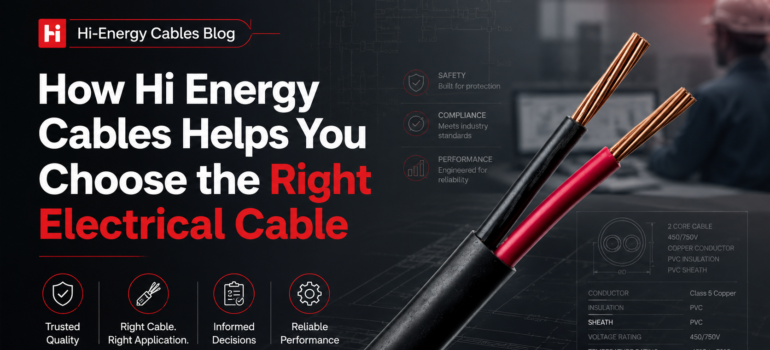 An educational infographic from Hi-Energy Cables showcasing technical specifications for a 2-core electrical cable, highlighting how they help customers choose the right cable for safety, compliance, and performance