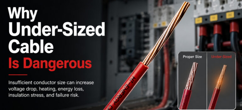 A comparison of electrical cables showing a "Proper Size" conductor versus an overheated "Under-Sized" conductor, positioned in front of an electrical control panel to highlight safety risks.