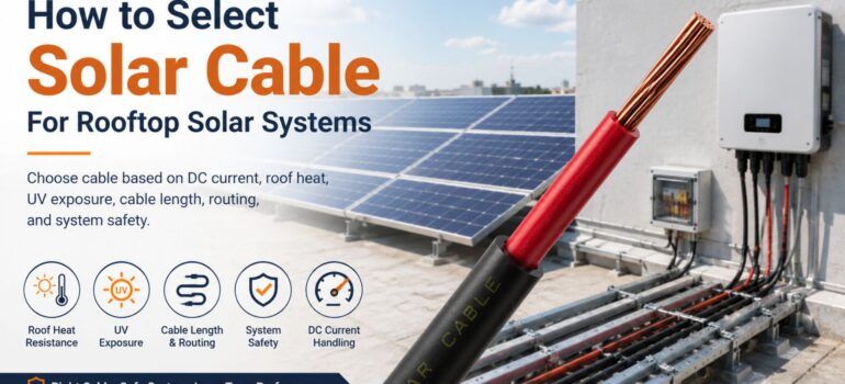 A solar cable sample in the foreground, with a rooftop solar panel installation and inverter in the background, illustrating the selection process for solar cabling.