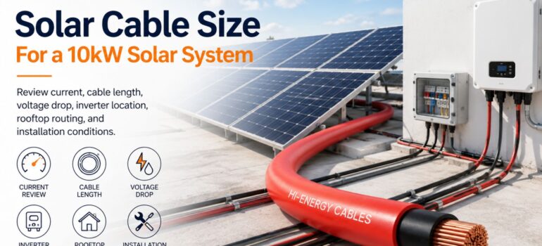 A rooftop solar installation featuring solar panels, an inverter, and Hi-Energy cables, illustrating the considerations for selecting the correct solar cable size for a 10kW system.