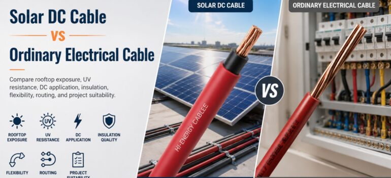 A comparative view of a solar DC cable positioned on a rooftop solar array versus an ordinary electrical cable in an indoor control panel, highlighting the differences in their design and application.