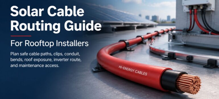 A view of professionally routed solar cables secured with clips on a flat roof, connecting to an inverter, demonstrating a solar cable routing guide for installers.