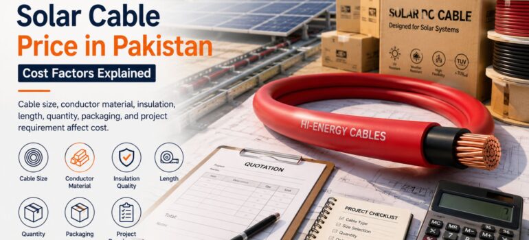 A scene featuring solar cable coils, a project quotation sheet, a calculator, and product packaging, highlighting the various factors that influence solar cable prices in Pakistan.