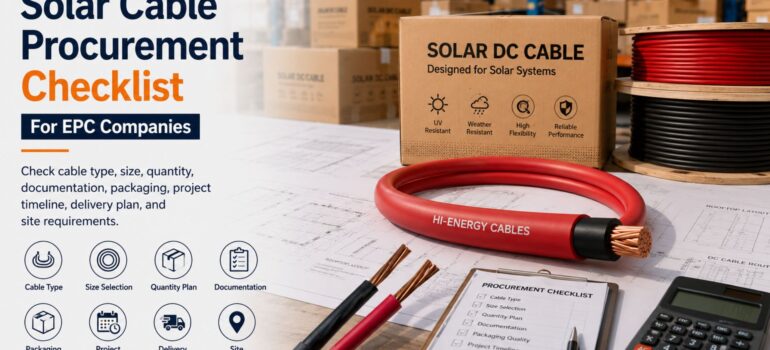 A procurement checklist laid out on a blueprint with solar cable samples, a calculator, and product packaging, designed for EPC companies to manage solar cable procurement.