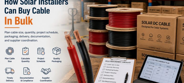 A bulk procurement setup featuring cable reels, a digital procurement plan, and a physical checklist, illustrating how solar installers can effectively buy cables in bulk.