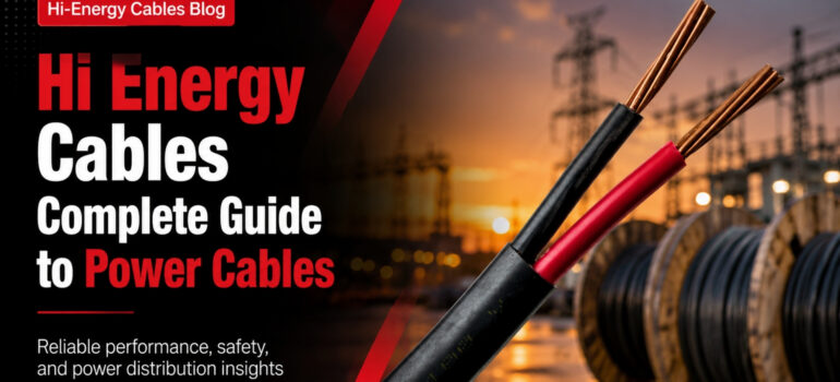 A dual-core power cable with exposed copper conductors in black and red insulation, presented against a sunset industrial backdrop to represent Hi-Energy Cables' expertise in power distribution.