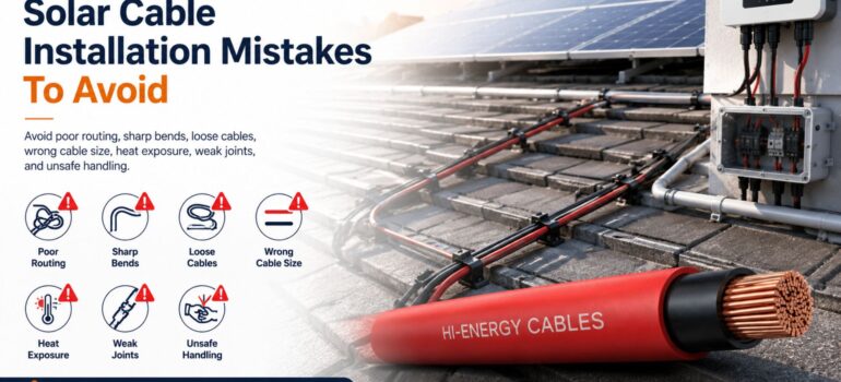 A professional solar rooftop installation showcasing properly secured cables, accompanied by a visual guide highlighting common mistakes like poor routing, sharp bends, and loose cables.