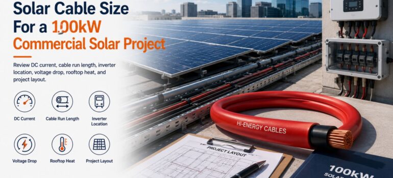 A commercial solar project site featuring solar panels, an inverter, and Hi-Energy cable, illustrating key considerations for determining solar cable size for a 100kW system.