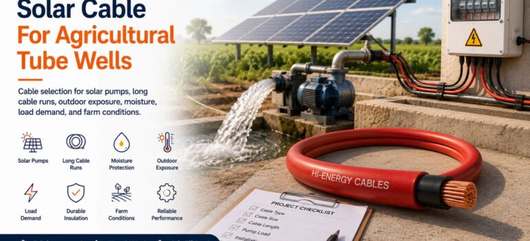 A solar-powered water pump system operating in a field, with Hi-Energy cable and a project checklist, demonstrating the requirements for agricultural solar tube well installations.