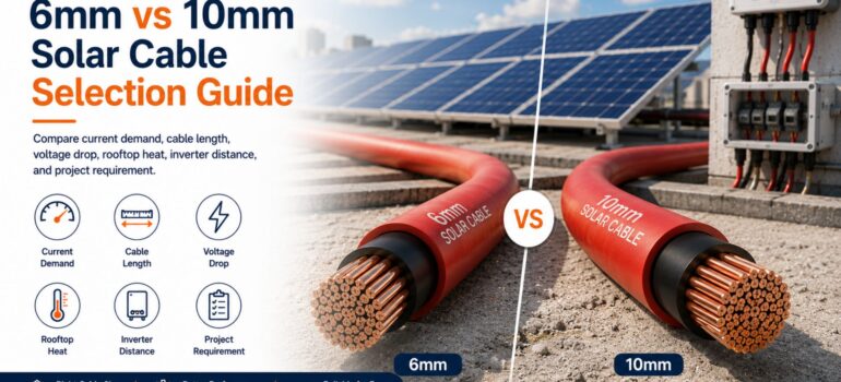 A comparative view of 6mm and 10mm solar cables laid out on a rooftop solar installation site, helping users select the appropriate cable size for their projects.