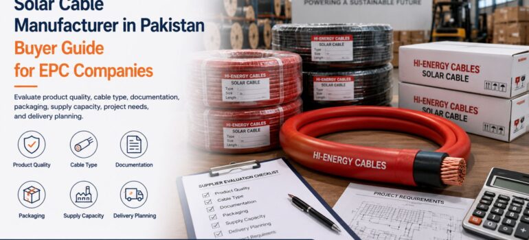 A warehouse setting displaying solar cable reels, product packaging, and a supplier evaluation checklist, serving as a buyer guide for EPC companies seeking a solar cable manufacturer in Pakistan.
