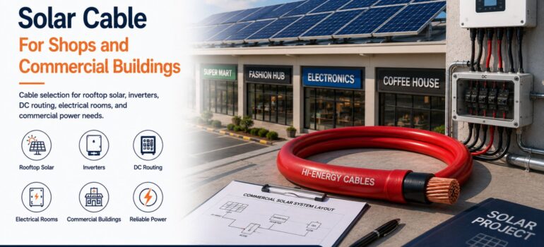 A commercial plaza with a rooftop solar installation, showcasing Hi-Energy cables and a project layout, representing solar power solutions for shops and commercial buildings.