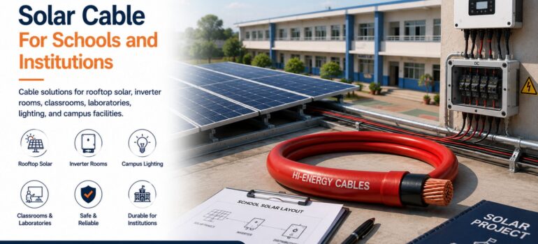 A school building rooftop featuring a solar installation, Hi-Energy cables, and a project layout document, highlighting solar cable solutions tailored for educational institutions.