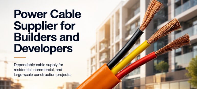 A close-up of a multi-core power cable with exposed copper strands against a backdrop of a modern building construction site, representing a cable supplier for builders and developers.