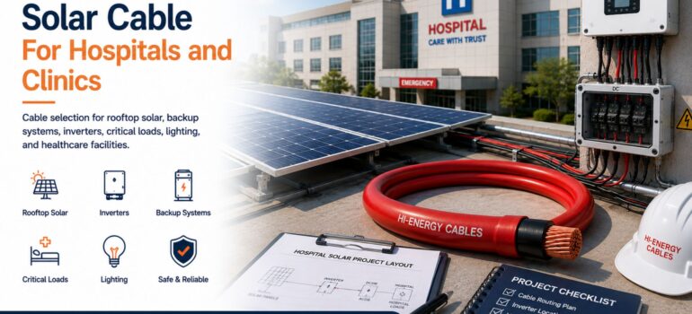 A hospital building rooftop with a solar installation, including Hi-Energy cables, a project layout, and a checklist, demonstrating specialized solar cable solutions for healthcare facilities.