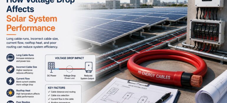 A solar rooftop installation scene featuring a technical diagram of voltage drop, Hi-Energy cable, and project layout documents, illustrating how various factors reduce solar system performance.
