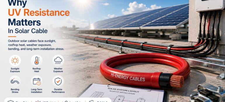 A rooftop solar installation featuring Hi-Energy cables, highlighting the importance of UV resistance against sunlight, heat, and weather exposure for long-term durability.
