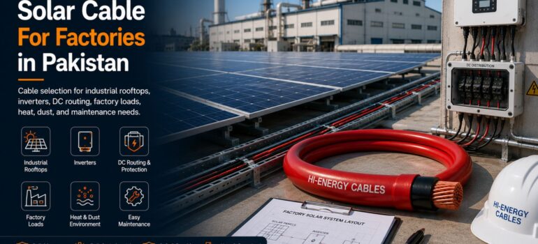A factory rooftop solar installation featuring Hi-Energy cables and a system layout, illustrating the specific cable requirements for industrial solar projects in Pakistan.