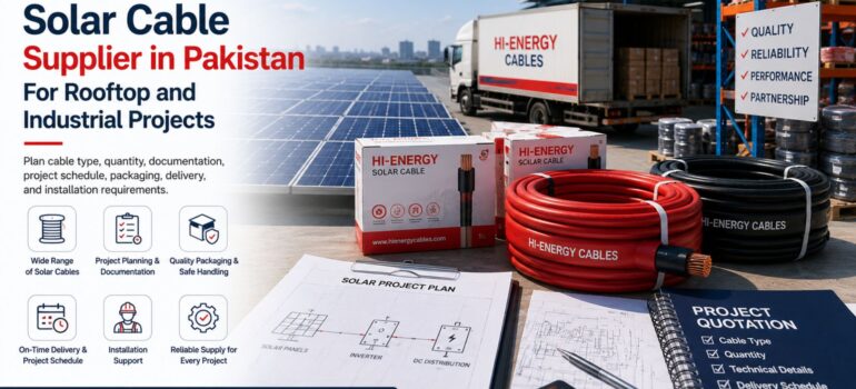 A logistics and solar installation scene displaying Hi-Energy cable products, project planning documents, and a delivery truck, positioning the brand as a premier solar cable supplier for rooftop and industrial projects in Pakistan.