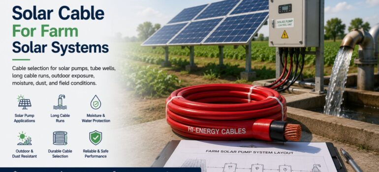 A solar-powered farm irrigation system showing water pumping, Hi-Energy cable, and a system layout, illustrating the requirements for cables in agricultural solar installations.