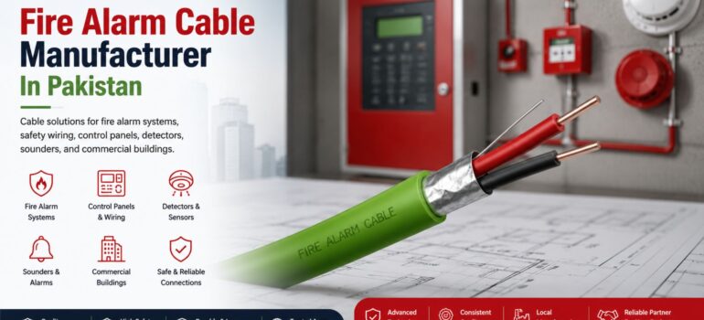 A green fire alarm cable resting on a technical floor plan, with a fire alarm control panel and detectors in the background, representing fire safety cabling solutions in Pakistan.