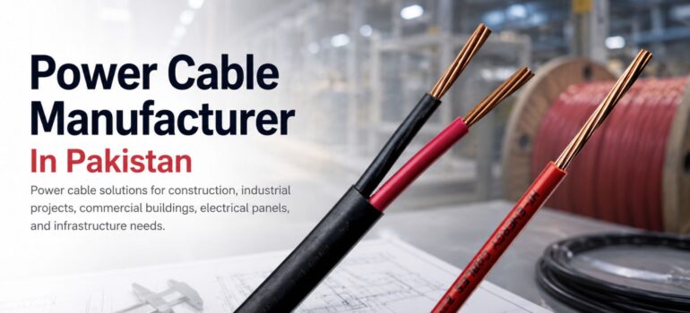 Samples of power cables displayed on a technical blueprint with a measuring tool, highlighting a professional power cable manufacturer in Pakistan serving industrial and construction needs.