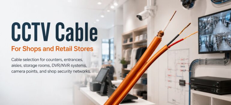 A guide for selecting CCTV cables for shops and retail stores, featuring orange cables, security cameras, a monitoring screen, and a security network layout.
