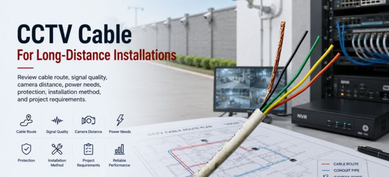 A guide for choosing CCTV cables for long-distance installations, featuring a multi-colored cable, security camera setup, and a site map showing cable routes and conduit pipes.