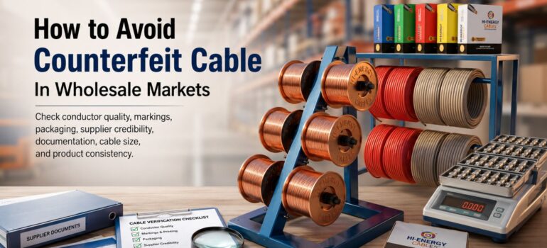 A desk featuring a cable verification checklist, a magnifying glass, and cable spools, illustrating how to identify and avoid counterfeit cables in wholesale markets.
