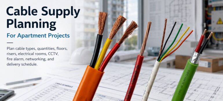 A close-up of various electrical and fire alarm cables placed on architectural floor plans, representing cable supply planning for apartment projects.