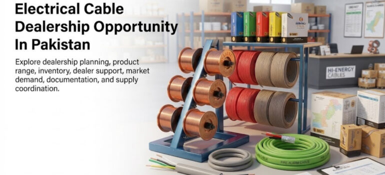 A display of various electrical cables on spools, highlighting an electrical cable dealership opportunity in Pakistan with Hi-Energy Cables products, documents, and packaging visible.