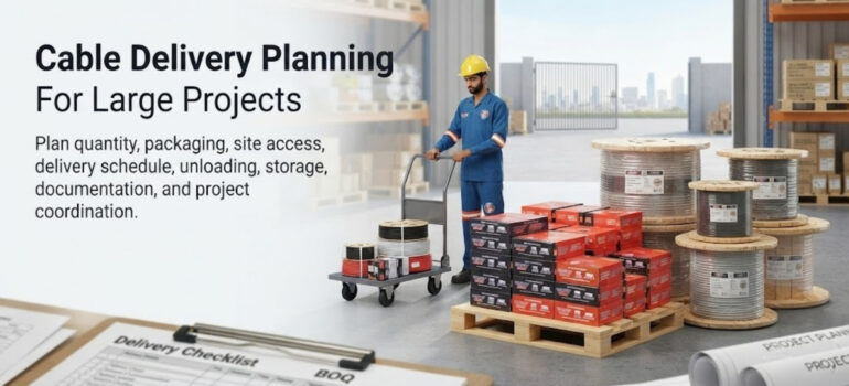 A warehouse worker managing the delivery of Hi-Energy Cables, featuring stacked cable spools, packaged products, a delivery checklist, and project planning blueprints.