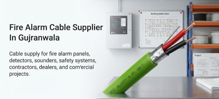 A close-up of a green fire alarm cable on a desk, with a fire alarm panel and safety system blueprints in the background, representing a fire alarm cable supplier in Gujranwala