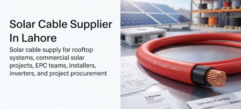 A close-up of a red Hi-Energy solar cable next to technical documents and solar panels, highlighting services as a solar cable supplier in Lahore for installers and EPC teams.