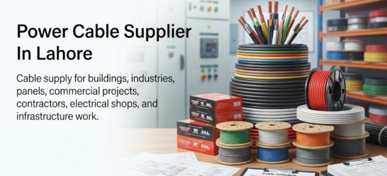 A collection of colorful power cables stacked on a table in an industrial environment, with technical charts and documentation, representing services as a Power Cable Supplier in Lahore.