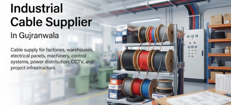 A warehouse setting featuring shelves of industrial cable spools and electrical equipment, representing an Industrial Cable Supplier in Gujranwala for factories and power distribution systems.