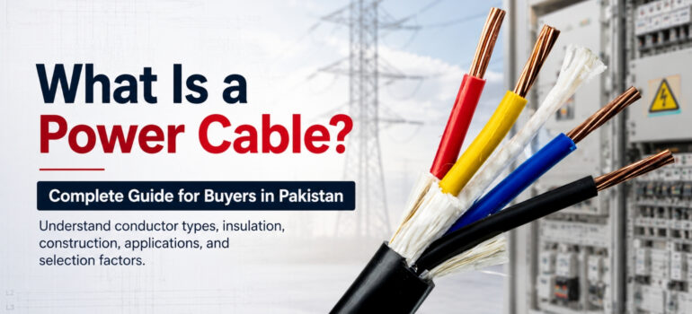 A close-up of a multi-core power cable with exposed copper conductors against an electrical panel background, representing a comprehensive guide on power cables for buyers in Pakistan.
