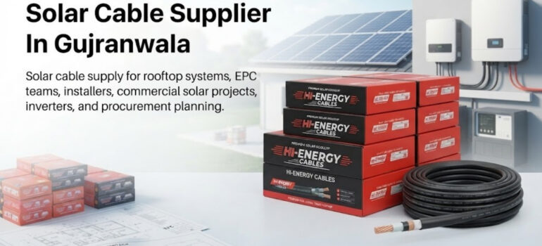 Solar Cable Supplier In Gujranwala featuring Hi-Energy cable boxes, rolls, and solar rooftop installation plans.
